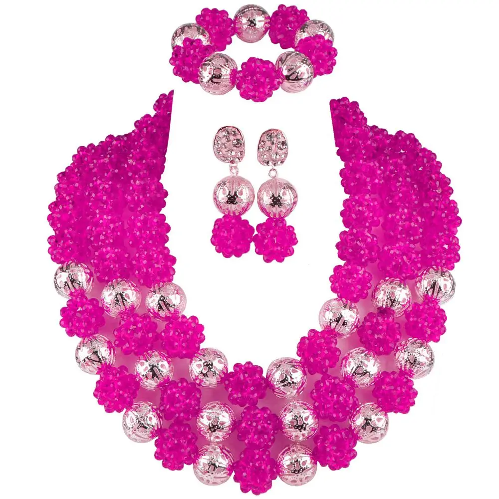 Fuchsia Pink Silver Majalia Королевский синий Африканский комплект ювелирных изделий нигерийские Бусы Свадебные комплекты ювелирных изделий 3qq-37 - Окраска металла: Fuchsia Pink Silver