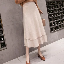 Модные зимние длинные юбки трикотажные женские винтажные плиссированные Женские трикотажные юбки абрикосовые черные повседневные женские макси юбки