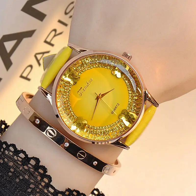 Женские кварцевые часы из натуральной кожи водонепроницаемые цветные алмазные восьмиугольная стеклянная большой циферблат для молодых женщин модные украшения часы - Цвет: Цвет: желтый