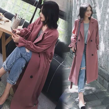 

Windbreaker Trench Long Cardigan For Women Solid Turn-Down Collar Belt Puff Sleeve Trenches 2020 Autumn Fashion Ladies Clothing
