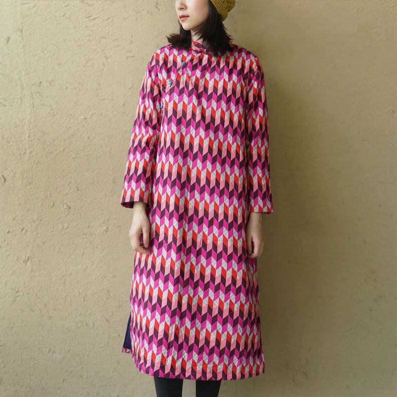 SCUWLINEN женские платья зимнее винтажное платье с геометрическим принтом, длинное теплое Хлопковое платье на подкладке P159 - Цвет: Rose Red
