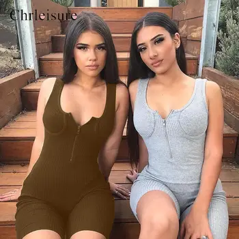 

Sexy Jumpsuit Women Solid Ribbed Bodycon Playsuit Round Neck Zip Jumpsuits Female Solid Summer Streetwear Bodysuit
