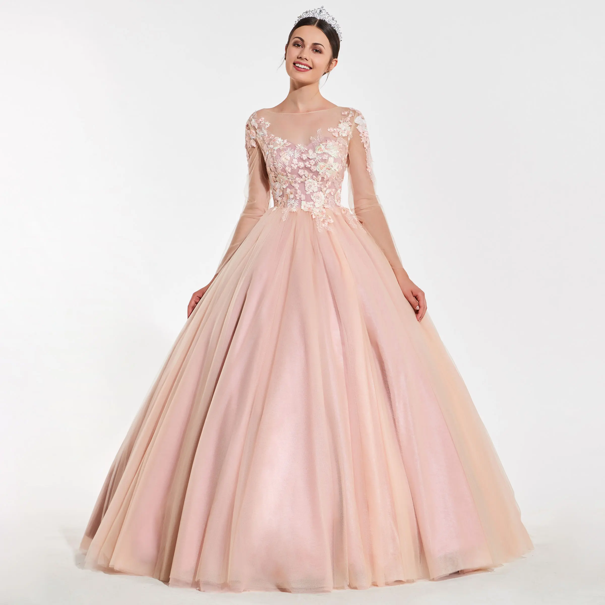 Dressv Иллюзия Аппликации бальное платье Quinceanera с глубоким вырезом и длинными