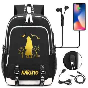

New Golden Cartoon Uzumaki Naruto USB Headphone Jack Boy Girl Kids School bag Women Bagpack Canvas Men Backpack Packsack Bookbag