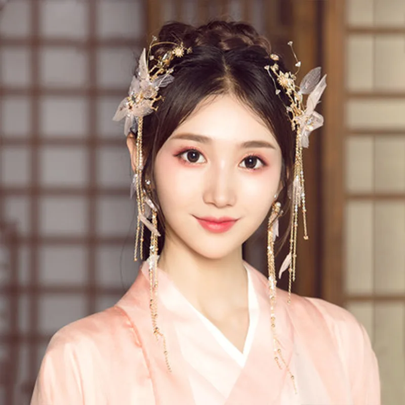 Qianji китайский Hanfu головной убор цветок шпилька древний стиль аксессуары для волос старая сборка украшение кисточка шпилька - Цвет: Hairpin and earrings