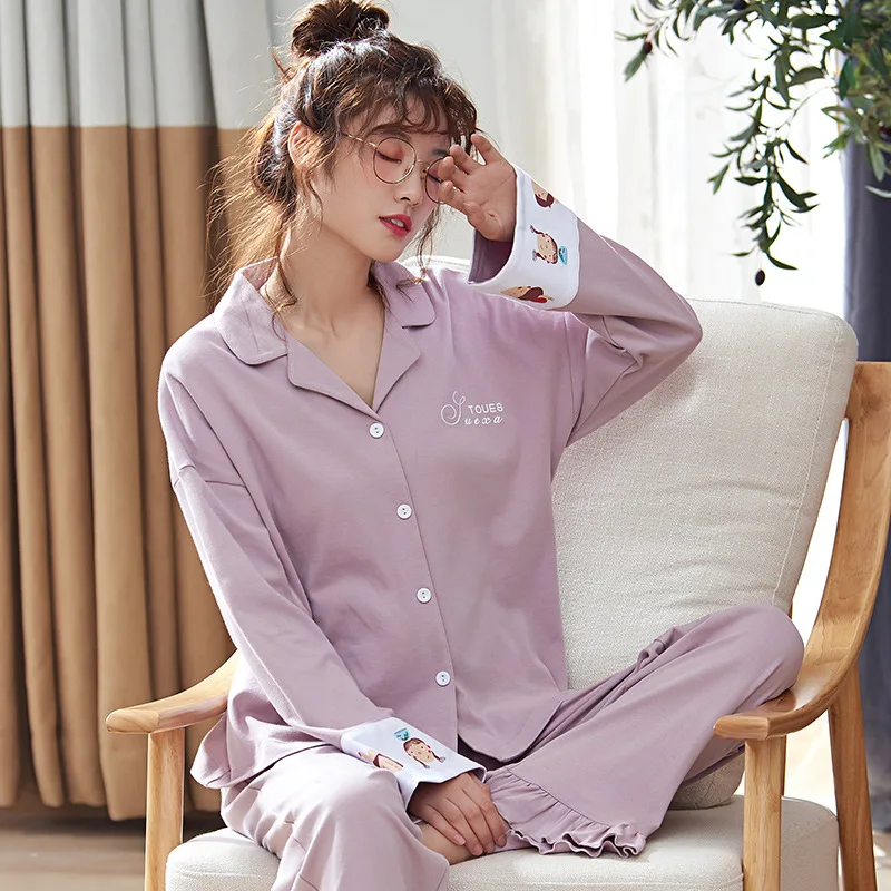 Autumn Winter Cotton Printing Lapel Top+ Long Pant 2 Piece Sets Pajamas Set For Women Cute Sleepwear Pyjama Puls Size Homewear