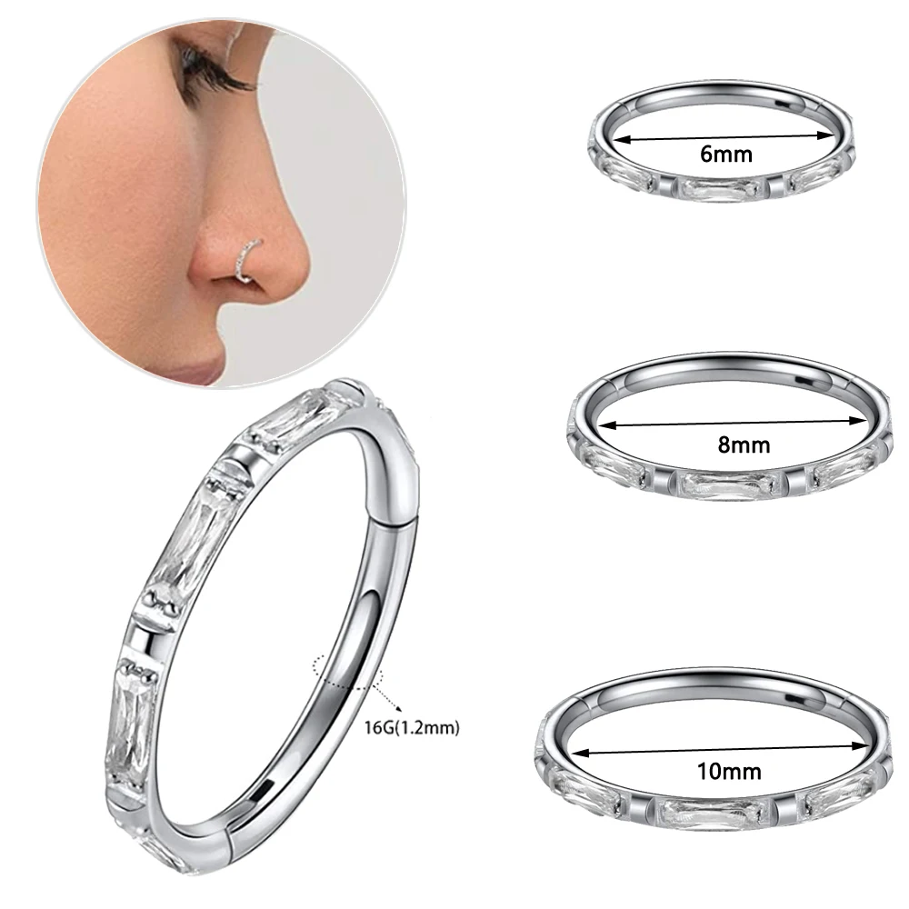 

3PCS Titanium 16G Baguette Clear Gem Hinged Segment Ring CZ Ear Tragus Helix Cartilage Earring Hoop Helix Conch Nose Piercing