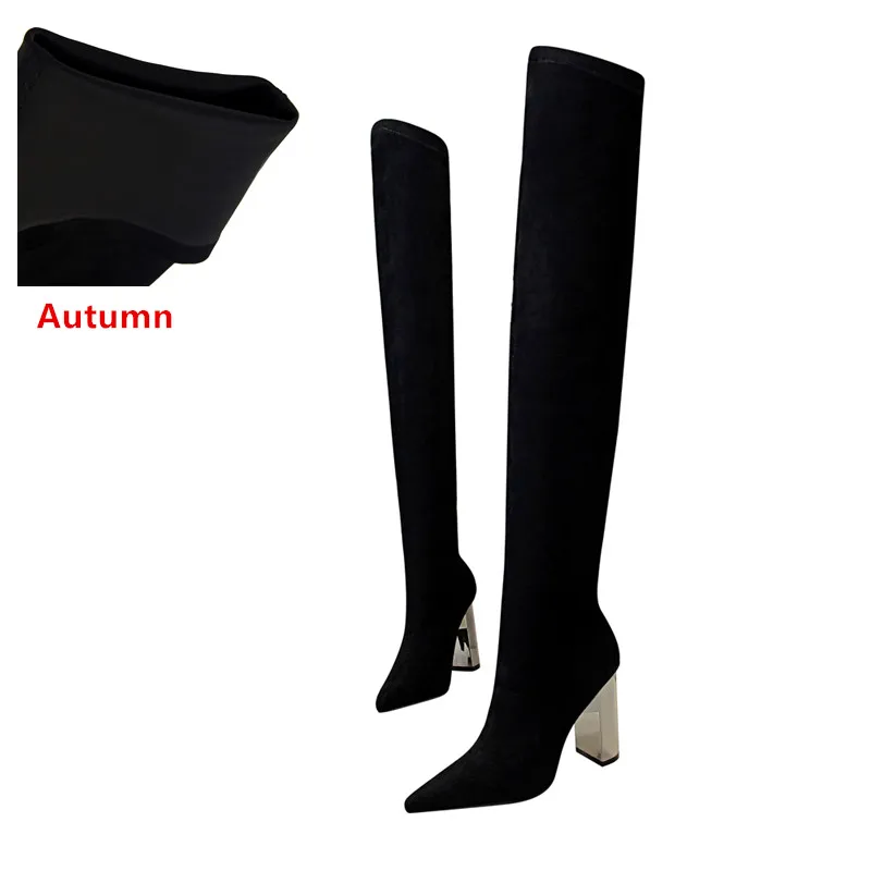 Женские Сапоги выше колена без шнуровки; сезон осень-зима; эластичные замшевые сапоги до бедра на толстом каблуке; теплые высокие сапоги на высоком каблуке - Цвет: Black Autumn