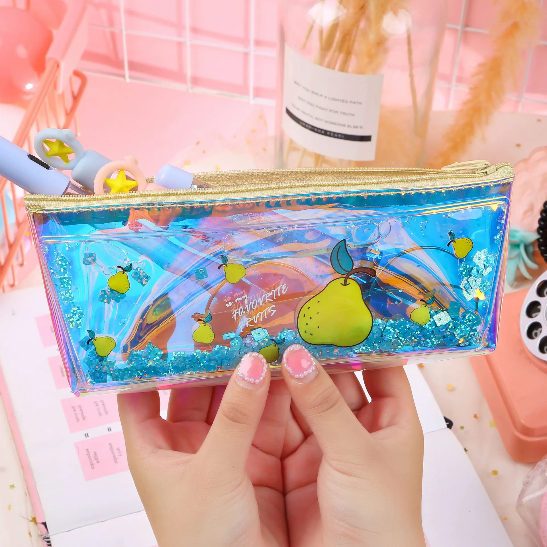 

Mu Qi Hee Fruit Laser Pencil Case Oil into Quicksand Children Pencil Case Korean-style Transparent Stationery Bag Cartoon Pencil