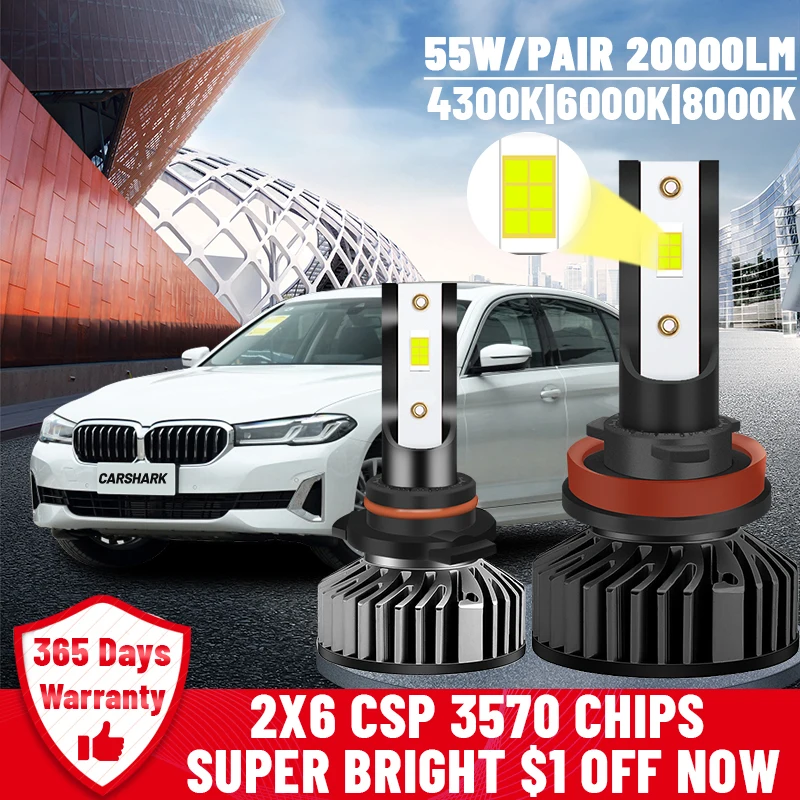 Светодиодные фары Carshark H7 Turbo 4300 лм H1 H4 лампы Дальний и ближний свет Hb3 Hb4 6000K 8000K 9005 K