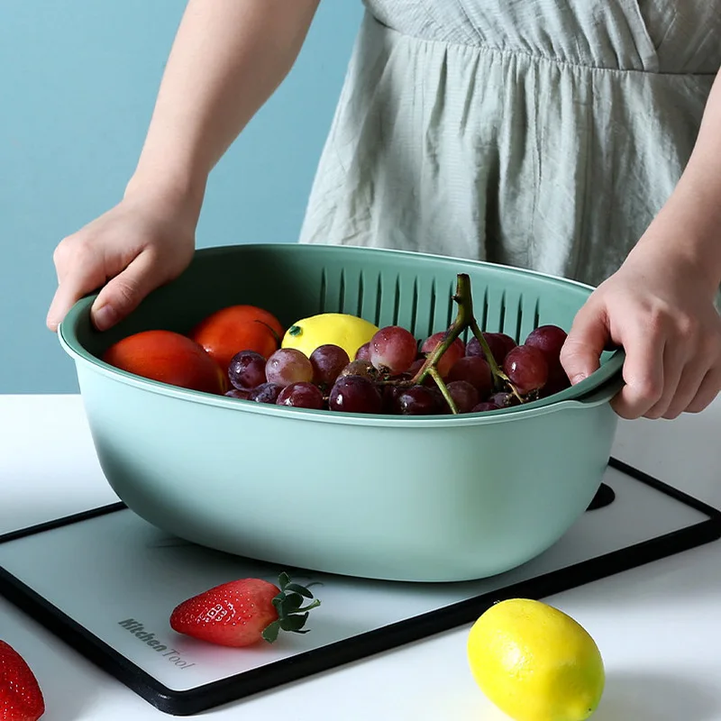

Plastic Vegetable Basket Double Layer Washing Kitchen Strainer Basket Home Vegetable Storage Organizer Fruit Filter Washing Pots