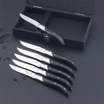 

6pcs 8.7'' Stainless steel Steak Knife Forks set Laguiole Style Dinnerware set Black Wood Handle Dinner Knives Fork in Gift Box
