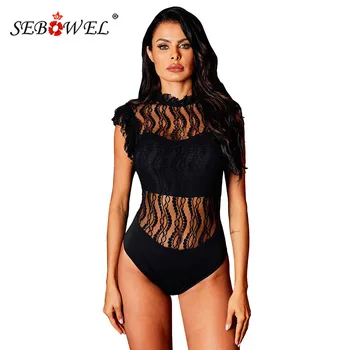 

SEBOWEL Black Lace Frill Turtleneck Bodysuit Woman Summer Sheer Hollow Out Female Sweetheart Neckline Sleeveless Body Tops S-L