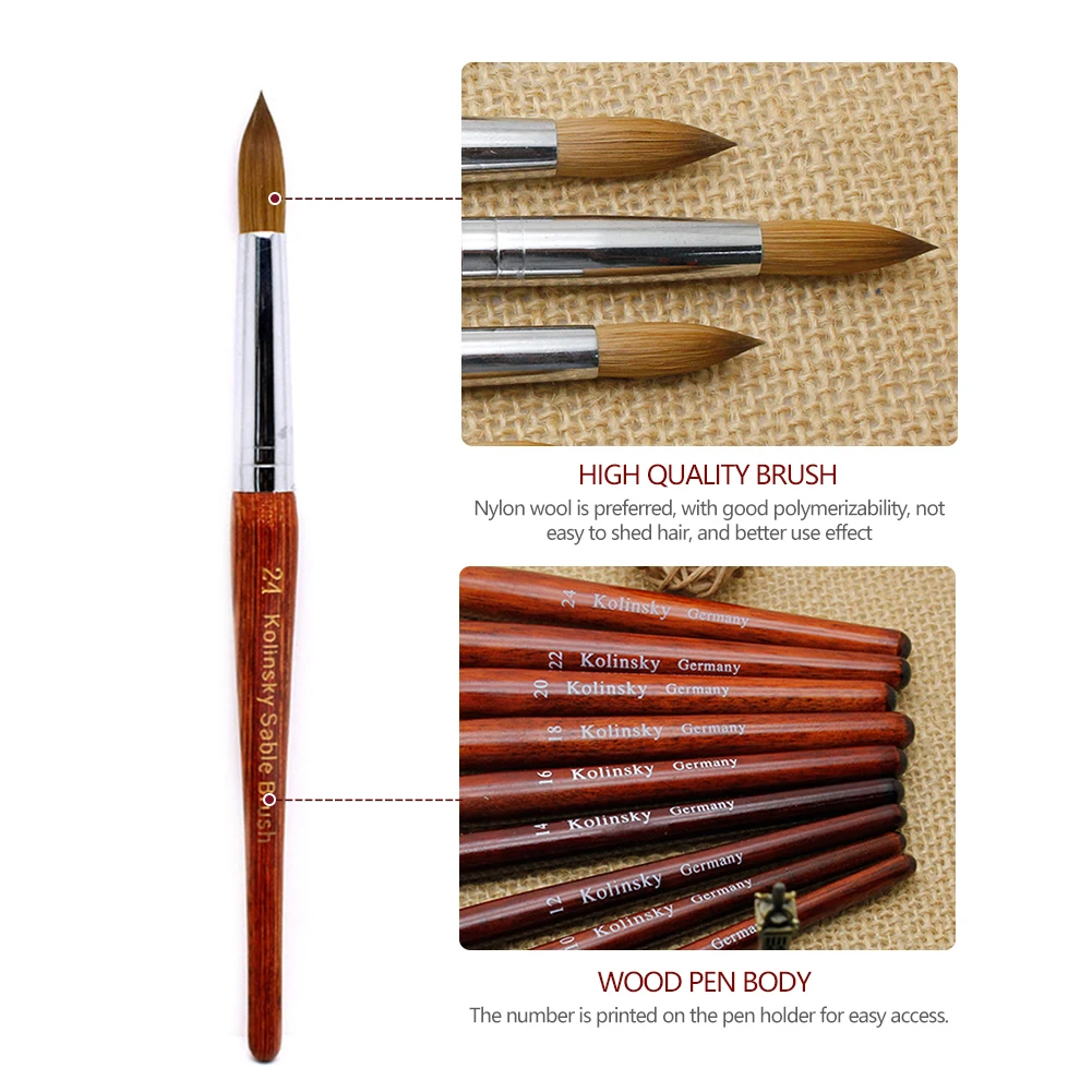 Kolinsky Nail Brush Acrylic with Red Round Wooden Handle and 100% Kolinsky Sable Hair for Crystal UV Gel Painting 4