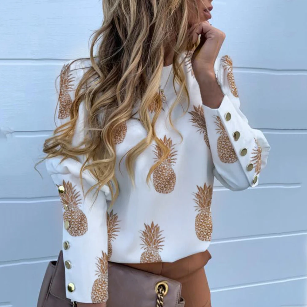 Puff Shoulder Blouse Shirts Office Lady Summer Metal Buttoned Blouse Women Pineapple Print Long Sleeve Tops