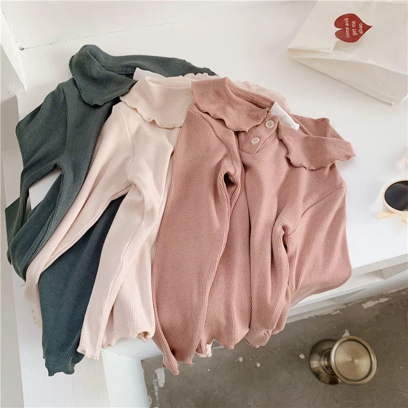

2019 Autumn New Arrival Korean style cotton pure color all-match bottoming t-shirt with buttons for cute sweet baby girls