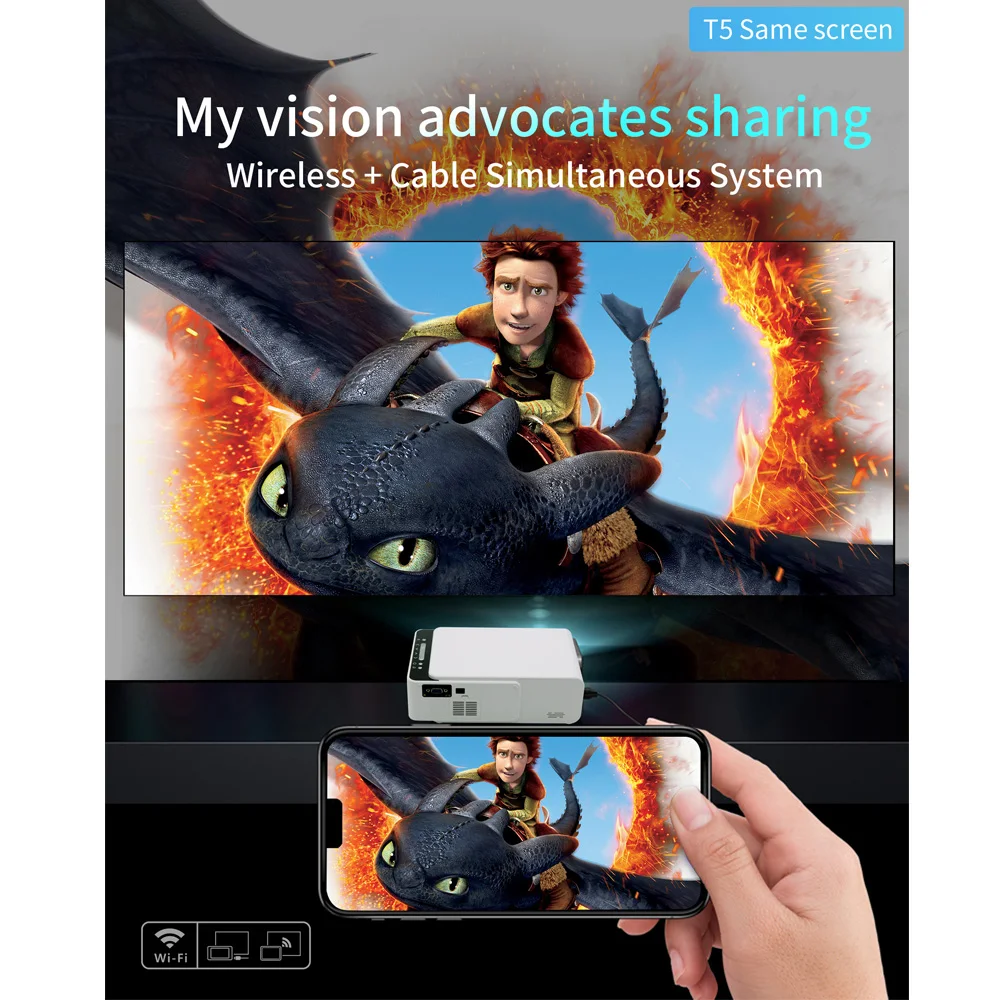 T5 Portable LED Projector 4K 2600 Lumens 1080P HD Video Projector USB HDMI Beamer For Home Cinema Optional Wifi Projector T6