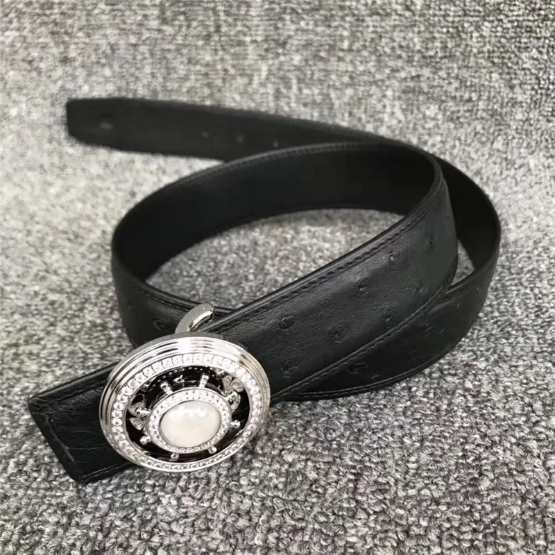 Authentic Real Ostrich Skin Stainless Steel Rotatable Buckle Men's Fancy Belts Genuine Cow leather Lining Male Rhinestone Belt