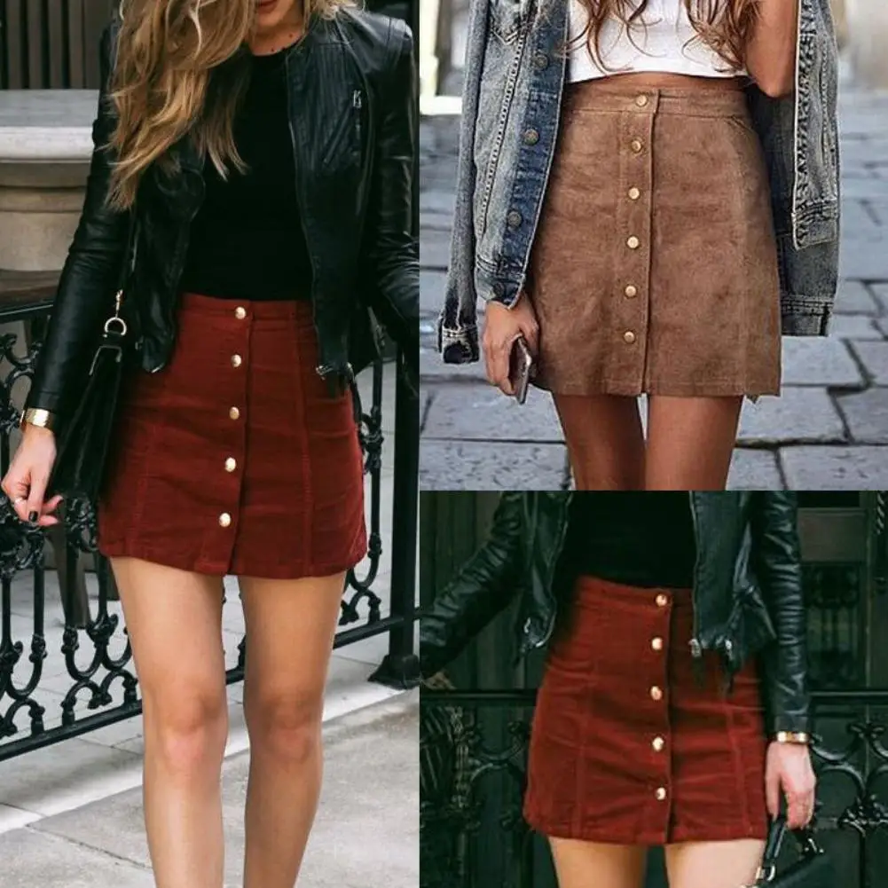 

Hot Fashion Party Women Solid Color Single Breasted Suede Leather A-Line Mini Skirt