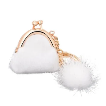 

Mini Unique Keychain Coin Purse Women Pompon Rabbit Fur Ball Plush Key Ring Holder Girls Bags Charm Women's Purse Wallet