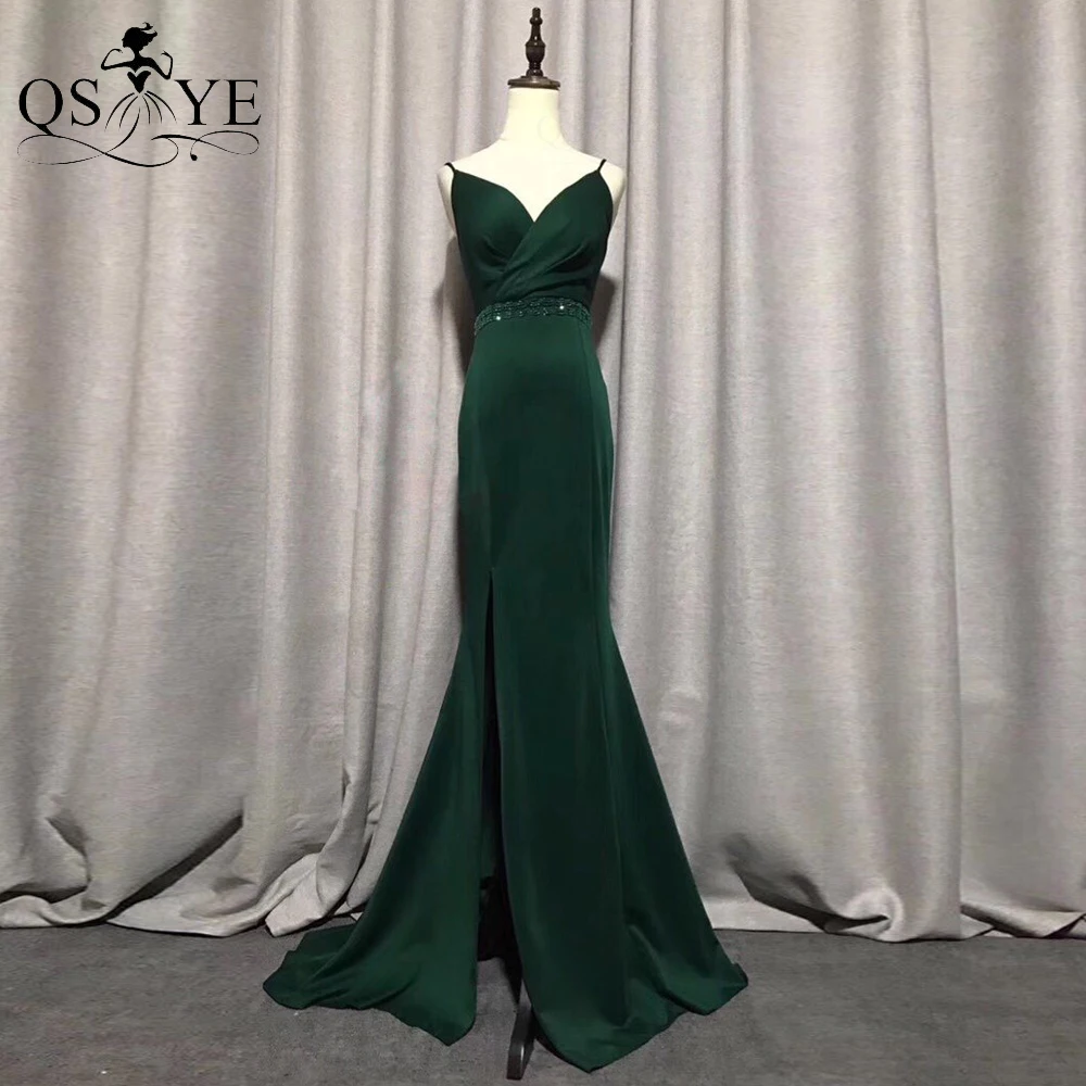 

Emerald Evening Dresses Mermaid Open Back Long Prom Gown StrapsDeep V Neck Green Dress Women Ruched Waist Beads Sash Party Dress