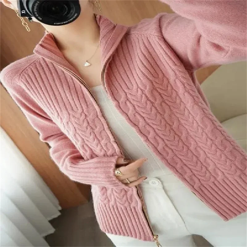 Zipper Knitted Sweater Cardigan Women Stand-Up Collar Loose Cable  Solid Knit Sweater Jacket Female Student Tops Autumn Red Pink