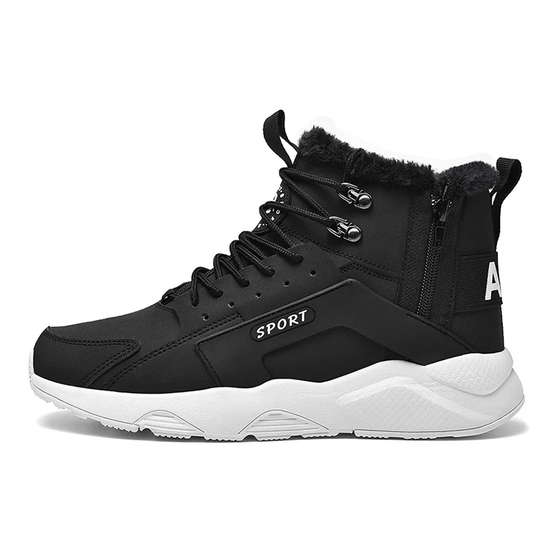 High Top Men Walking Shoes Men PU Leather Walking Shoes Plus Plush Warm Shoes Durable Anti-slip Comfort Sport Winter Shoes - Цвет: Black White