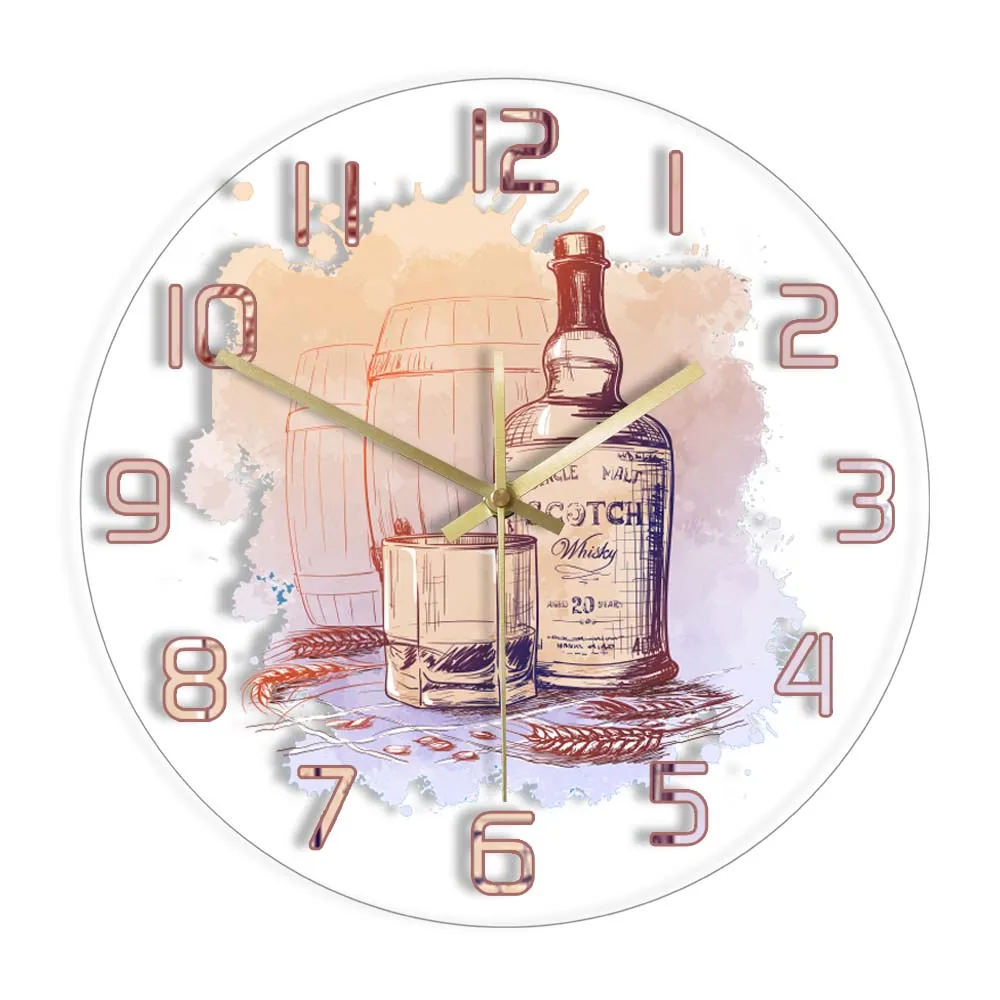 Scotch Whiskey Bottle Printed Wall Clock Home Bar Décor Alcoholic Beverage Watercolor Artwork