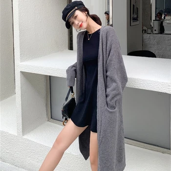 

WICCON New 2020 Autumn Winter Women's Sweater Pockets Korean Minimalist Solid Colors Oversize Ladies Long Cardigans