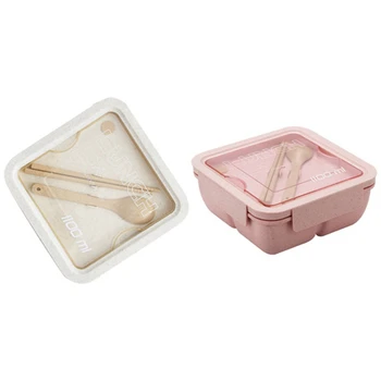 

New 2set Students Separate Lunch Box with Lunch Box, Microwave Heating Wheat Fiber Fitness Lunch Box(Beige&Pink)