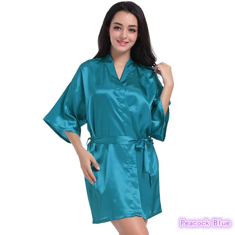 peacock blue Женский летний сексуальный халат с коротким рукавом, сексуальное женское шелковое кимоно, халат, элегантная однотонная тонкая ночная рубашка-кардиган - Цвет: peacock blue