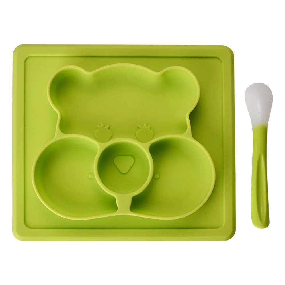 

Cartoon Bear Cute With Spoon Tableware Feeding Dining Kids Training Plate Table Anti Slip Silicone Baby Food Tray Suction Cup