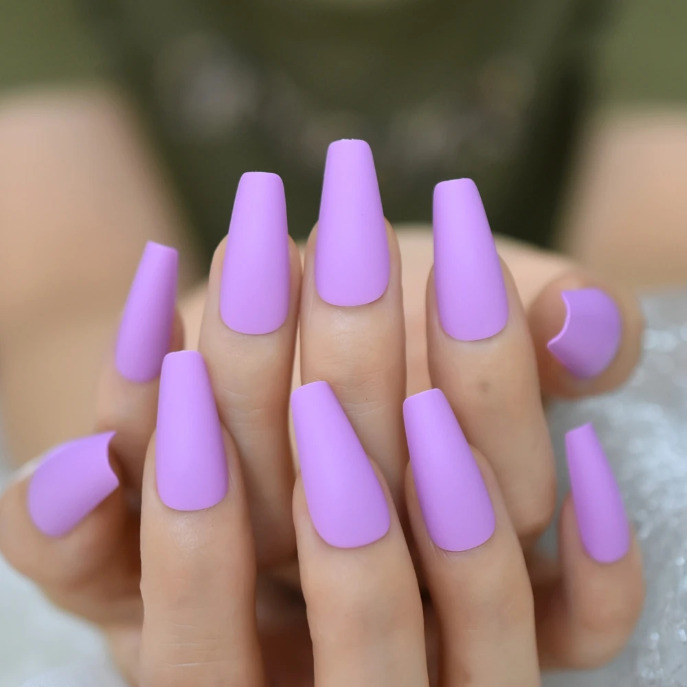 Matte Lavender Color Purple Press On False Nails Long Ballerina Coffin  Popular Frosted Fake Fingersnails Extention Tool - False Nails - AliExpress