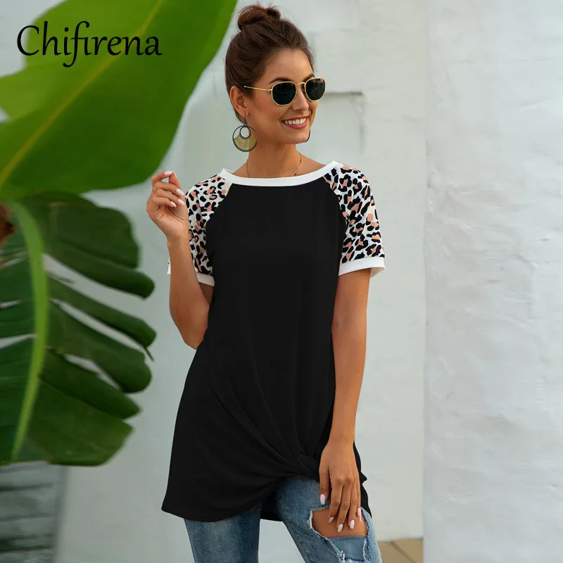 

Chifirena Leopard Patchwork Casual Women T Shirts Summer Black Green Front Twist Knot Tunic Tops O-neck Slim Pullover Tee Shirts