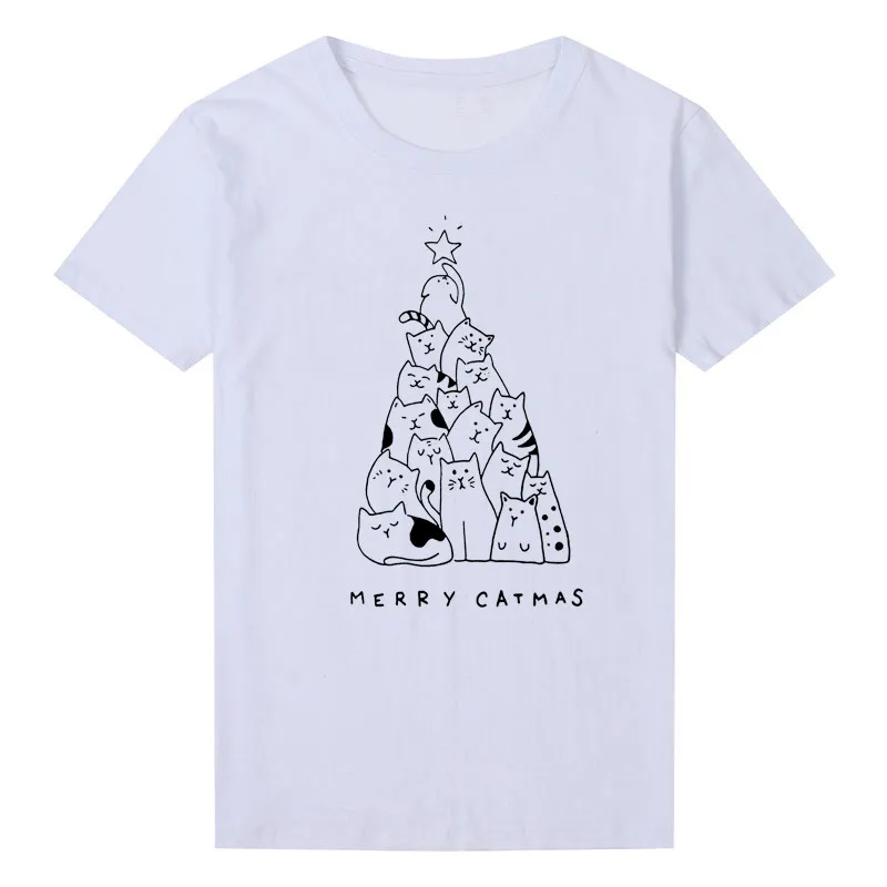 Забавный принт Китти деревья Kawaii фестиваль футболка Девушки Дамы новогодние майки Merry Catmas футболка для женщин