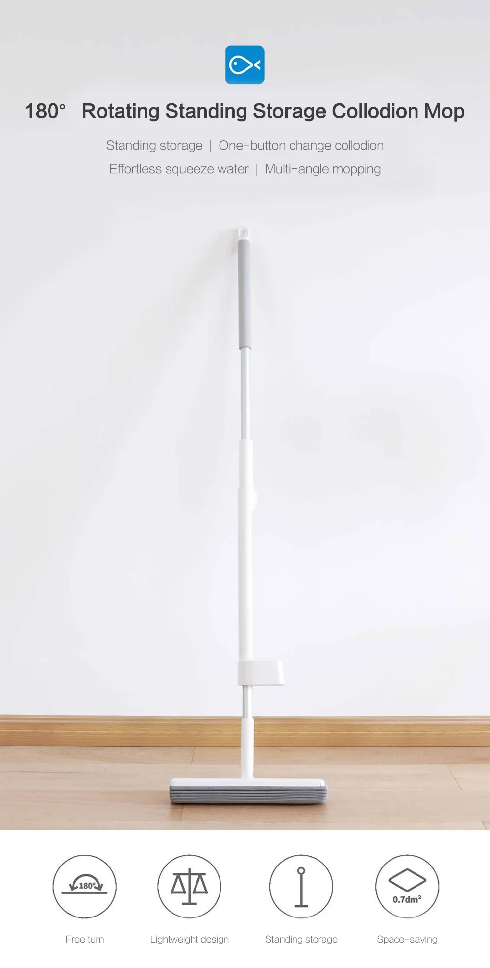 180-degree Rotating Standing Storage Space-saving Mop with Collodion Head from Xiaomi Youpin