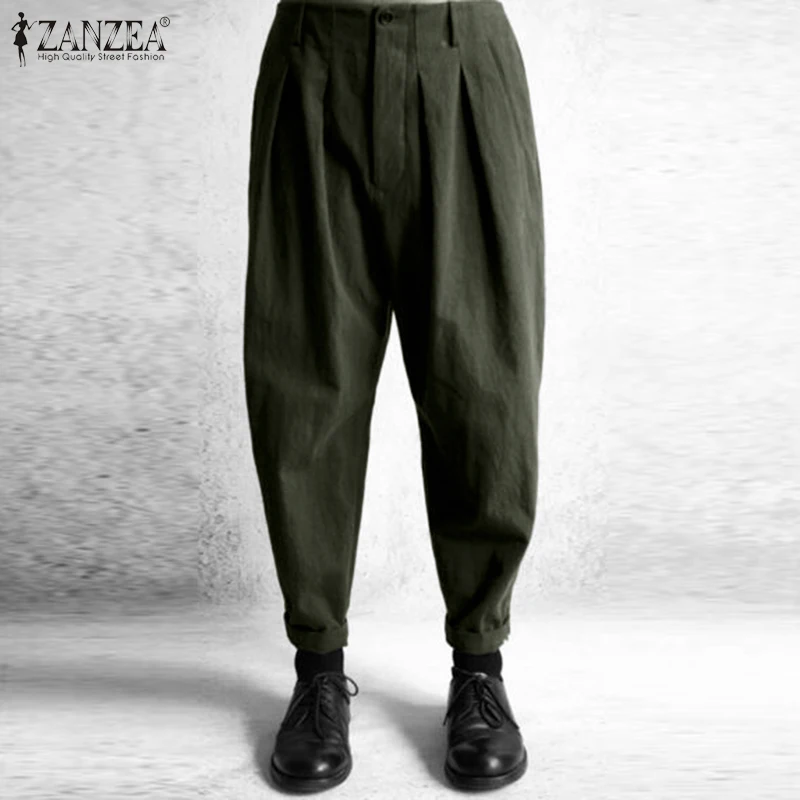 Harem Pants Long-Trousers Palazzo ZANZEA Cotton Linen High-Waist Vintage Women Baggy