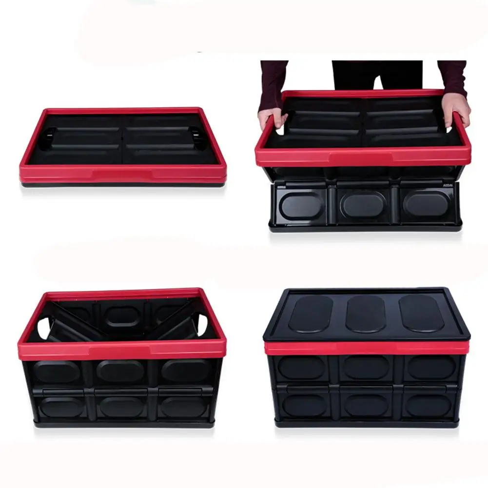 

55L Collapsible Plastic Storage Box Durable Stackable Folding Utility Crates with Lid Black Color
