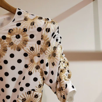 

Women Short Sleeve Mini Dress Polka Dot Print Embroidered Sequin Flower Pattern O Neck Zipper Back Female Sexy Dresses