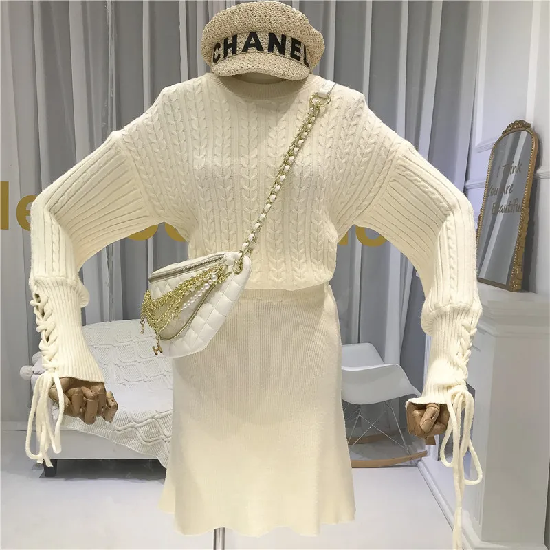 ALPHALMODA Autumn New Twist Knitted Sweater+ Fashionable High Waist Straight Skirt Two-piece Suit Ladies Solid Casual Set