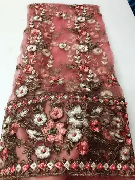 

2020 Peach 3D beaded diamond lace fabric high quality mesh embroidery 3D floral tulle Nigerian lace fabric wedding dress