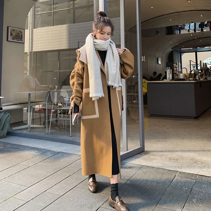 

Photo Shoot Camel Woolen Jacket Women's Mid-length 2019 Winter New Style Korean-style Loose-Fit Versatile Joint Woolen Overcoat