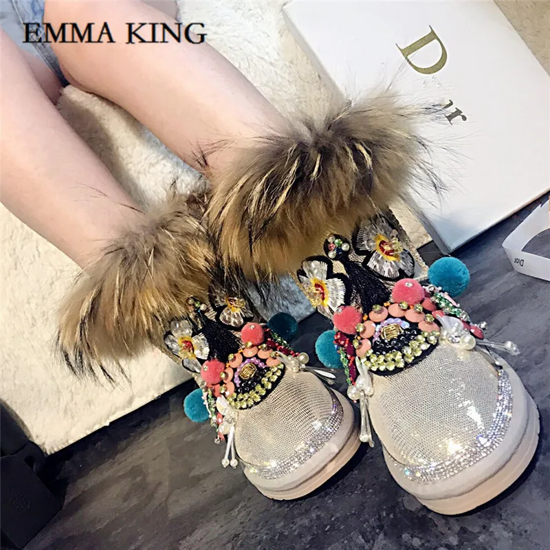 Emma king/Новые модные женские зимние ботинки до середины икры с цветочным узором, с подкладкой из натурального меха женские теплые ботинки на меху с кисточками