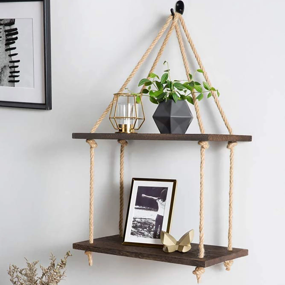 

Hemp Rope Shelf Wood Wall Hanging Ladder Shelf Storage Rack For Living Room Bathroom Bedroom Kitchen Apartment Office 3 Tier
