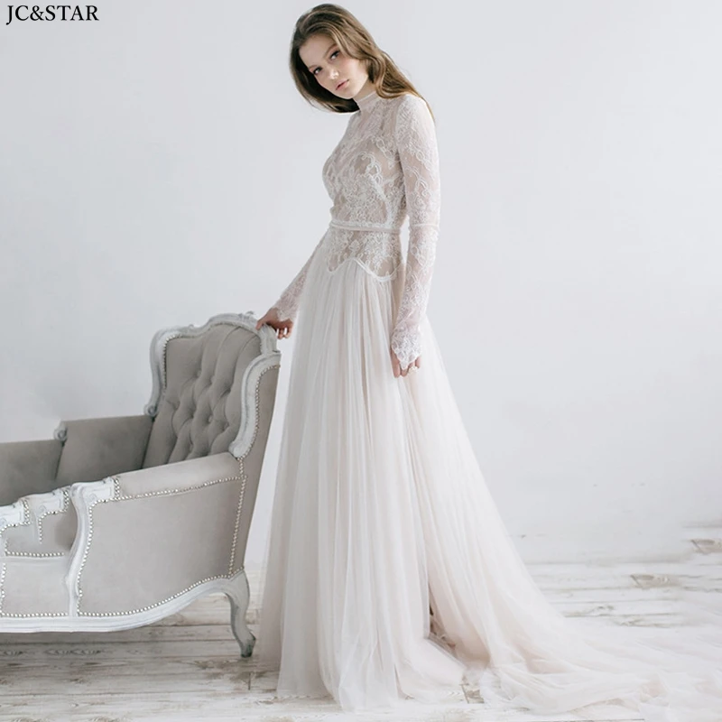 

vestido novia boho new high neck long sleeve beach ivory lace long sleeve elegant wedding gowns for bride trailing bruidsjurk