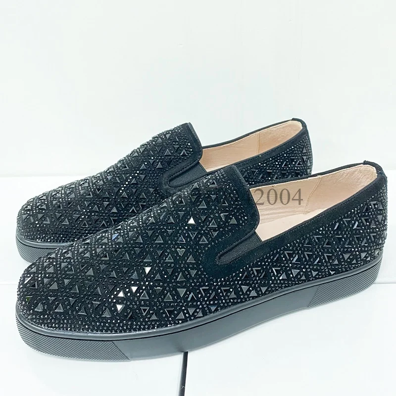 

Studded Leather Men Casual Shoes Rhinestone Sneakers Low Top Lace Up Flats Runway Chaussures Hommes