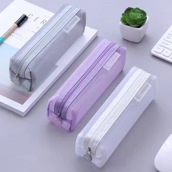 

School Mesh Pencil Box Bag Cases Kawaii Cute Solid Color Transparent School Student Supplies Stationery Storage Bag