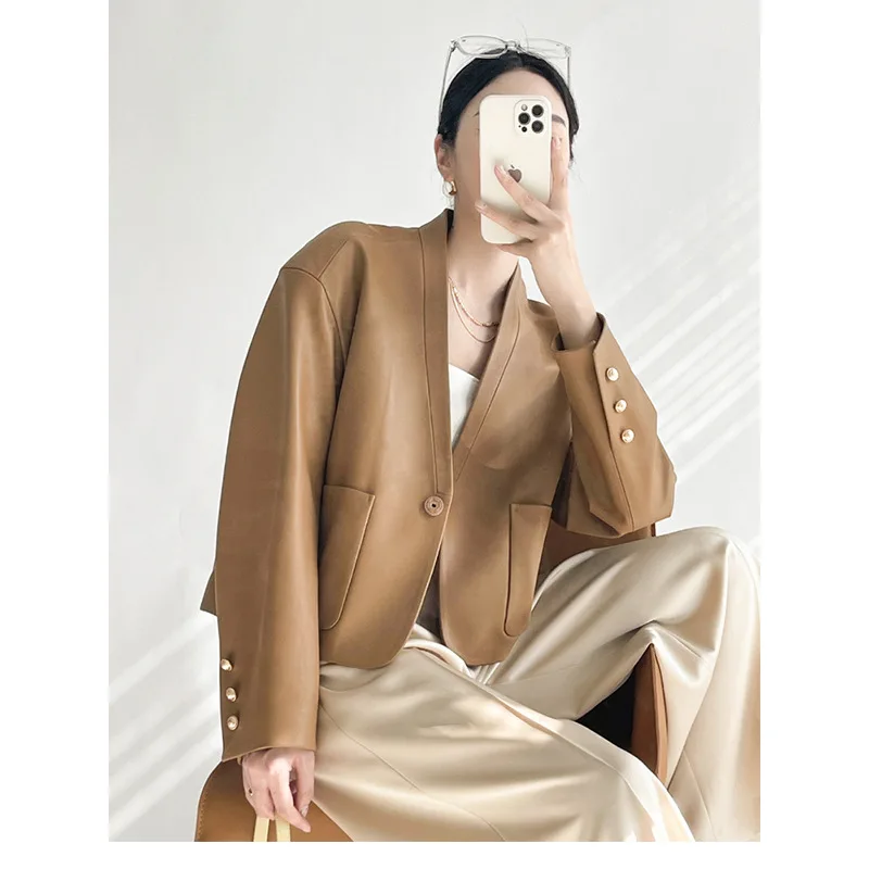 Brown Leather Coats Women V Neck Single Button Blazer Jackets 2021 Autumn Winter Elegant Smooth Leather Slim Short Jackets