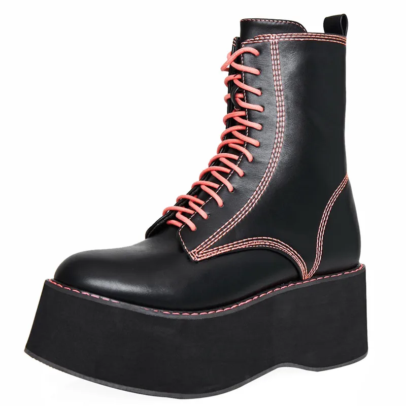 Женские ботинки из искусственной кожи на платформе; мотоциклетные ботинки в стиле панк; большие размеры; обувь для ночного клуба; Модные женские ботинки на толстой подошве со шнуровкой; Botas