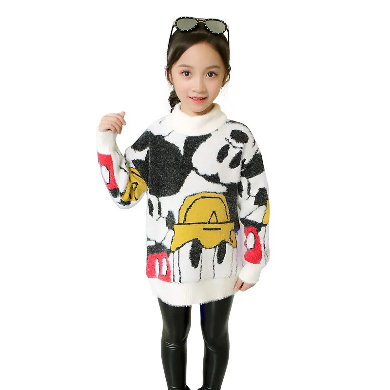

Girls' Sweaters Autumn Winter Wear New Style Cartoon Brand Animal Turtleneck Mink Jacket Sweater 4-13Y Warm Coat Kids Sweaters